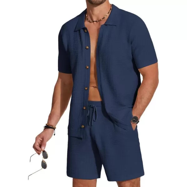 COOFANDY Men's 2 Piece Short Sets Casual Button Down Shirt and Shorts Set Knit Polo Set Vintage Summer Beach Outfits