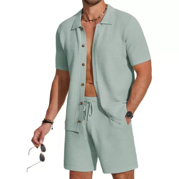 COOFANDY Men's 2 Piece Short Sets Casual Button Down Shirt and Shorts Set Knit Polo Set Vintage Summer Beach Outfits