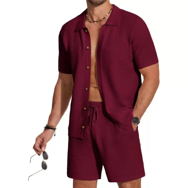 COOFANDY Men's 2 Piece Short Sets Casual Button Down Shirt and Shorts Set Knit Polo Set Vintage Summer Beach Outfits