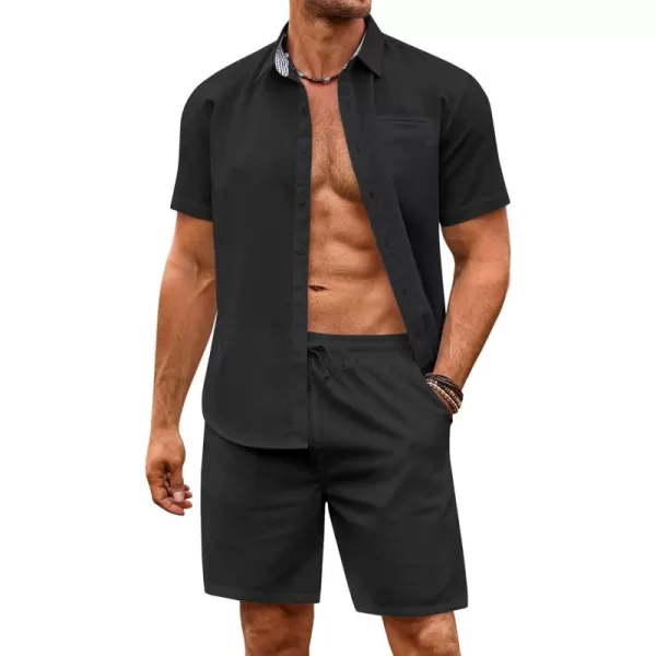 COOFANDY Men's 2 Pieces Linen Set Short Sleeve Beach Outfits Casual Button Down Shirt and Short Sets with Pockets