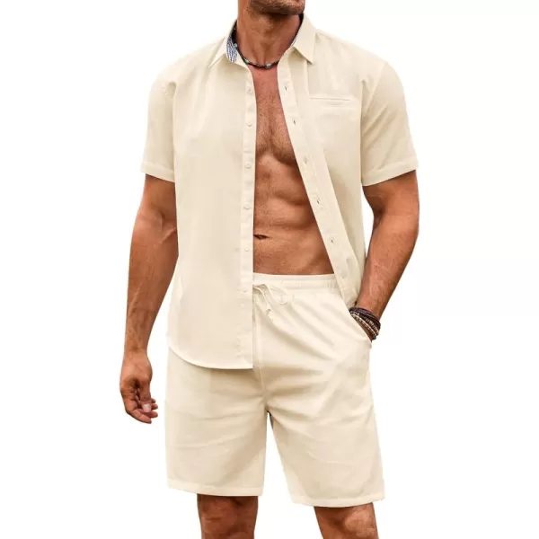 COOFANDY Men's 2 Pieces Linen Set Short Sleeve Beach Outfits Casual Button Down Shirt and Short Sets with Pockets