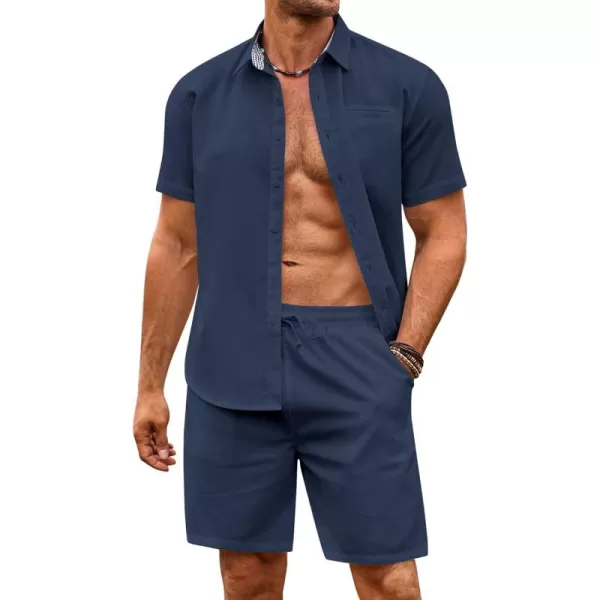 COOFANDY Men's 2 Pieces Linen Set Short Sleeve Beach Outfits Casual Button Down Shirt and Short Sets with Pockets