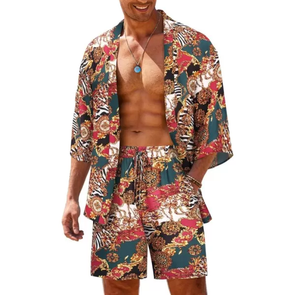 COOFANDY Men's 2 Pieces Outfit Lightweight Kimono Cardigan Jacket Set Hawaiian Beach Shirt with Shorts)