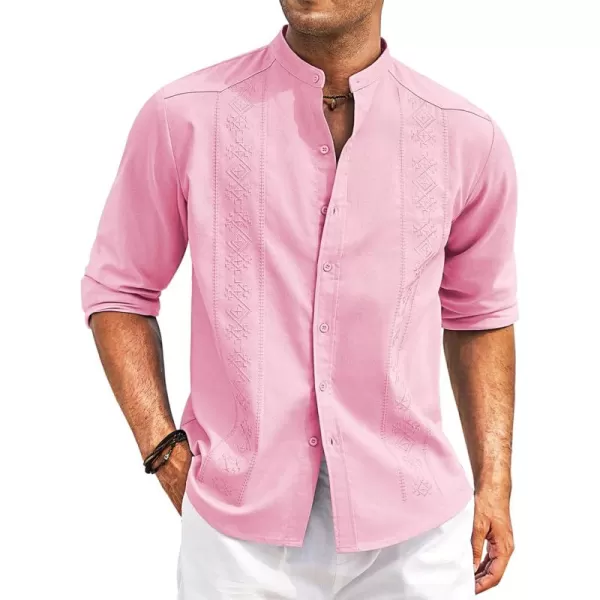 COOFANDY Men's Casual Linen Shirts Cuban Guayabera Long Sleeve Beach Shirt Collarless Button Down T Shirts
