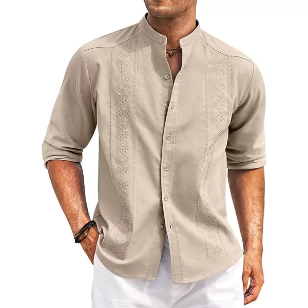 COOFANDY Men's Casual Linen Shirts Cuban Guayabera Long Sleeve Beach Shirt Collarless Button Down T Shirts