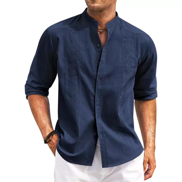 COOFANDY Men's Casual Linen Shirts Cuban Guayabera Long Sleeve Beach Shirt Collarless Button Down T Shirts