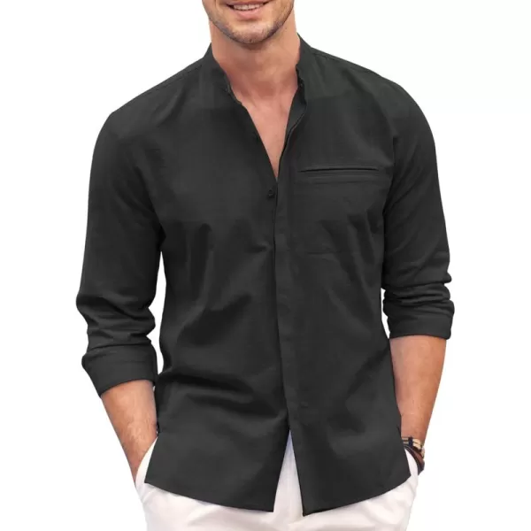 COOFANDY Men's Cotton Linen Shirt Long Sleeve Button Down Shirts Band Collar Beach Yoga Shirts