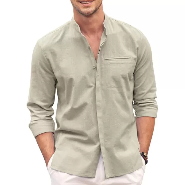 COOFANDY Men's Cotton Linen Shirt Long Sleeve Button Down Shirts Band Collar Beach Yoga Shirts