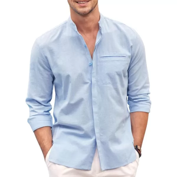 COOFANDY Men's Cotton Linen Shirt Long Sleeve Button Down Shirts Band Collar Beach Yoga Shirts