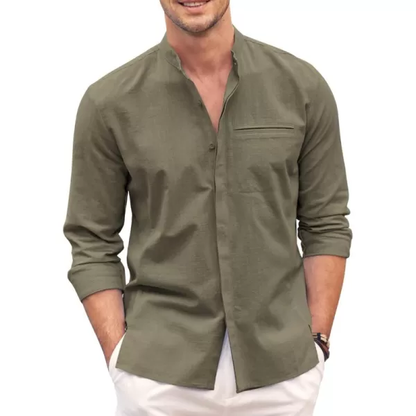 COOFANDY Men's Cotton Linen Shirt Long Sleeve Button Down Shirts Band Collar Beach Yoga Shirts
