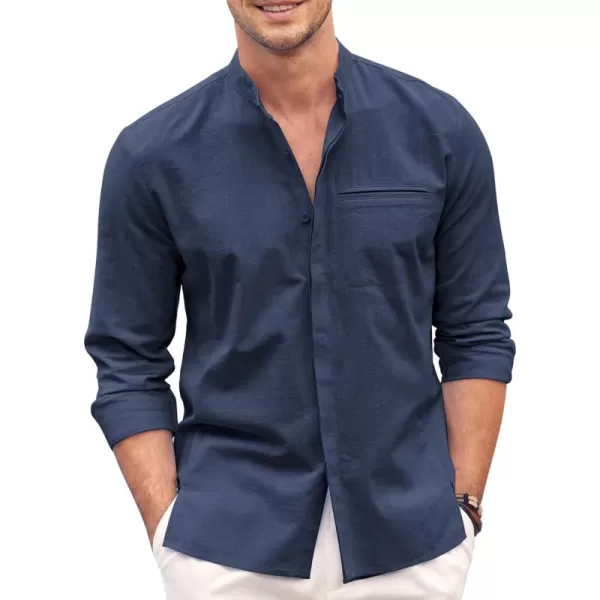 COOFANDY Men's Cotton Linen Shirt Long Sleeve Button Down Shirts Band Collar Beach Yoga Shirts