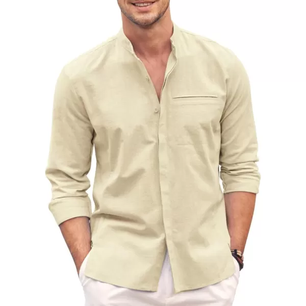 COOFANDY Men's Cotton Linen Shirt Long Sleeve Button Down Shirts Band Collar Beach Yoga Shirts