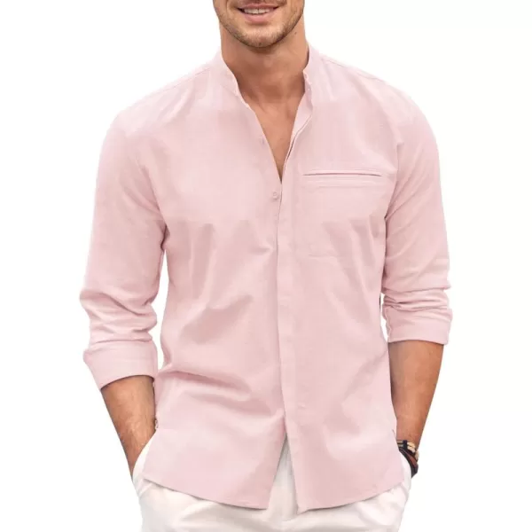 COOFANDY Men's Cotton Linen Shirt Long Sleeve Button Down Shirts Band Collar Beach Yoga Shirts