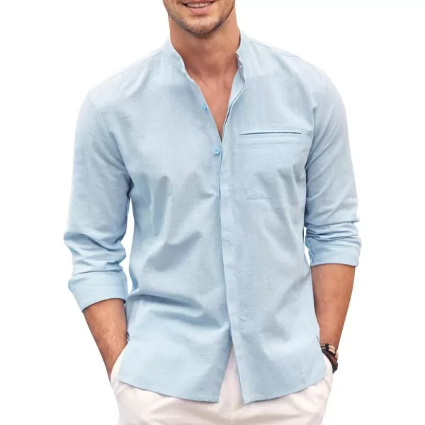 COOFANDY Men's Cotton Linen Shirt Long Sleeve Button Down Shirts Band Collar Beach Yoga Shirts