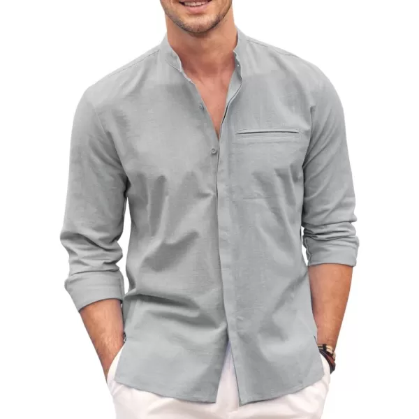 COOFANDY Men's Cotton Linen Shirt Long Sleeve Button Down Shirts Band Collar Beach Yoga Shirts