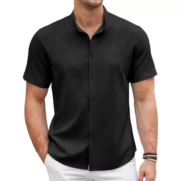 COOFANDY Men's Linen Shirt Beach Summer Banded Collar Button Down Casual Shirts