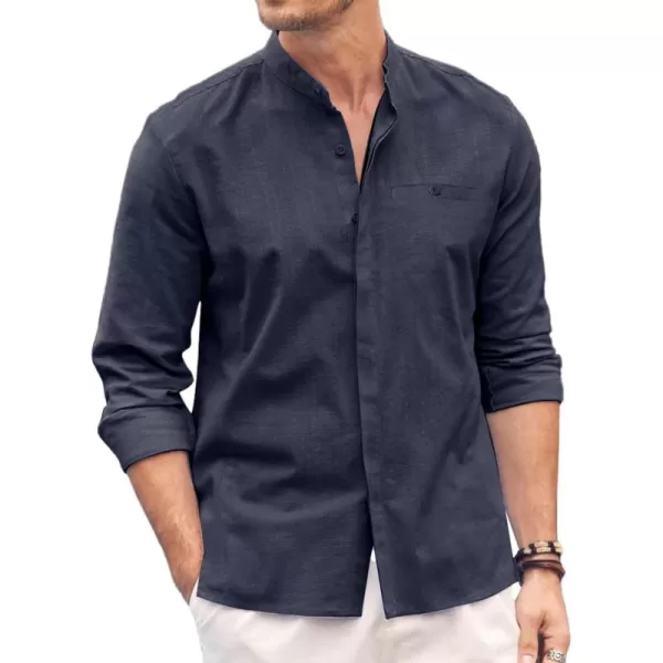 COOFANDY Men's Linen Shirts Long Sleeve Banded Collar Casual Button Down Shirts