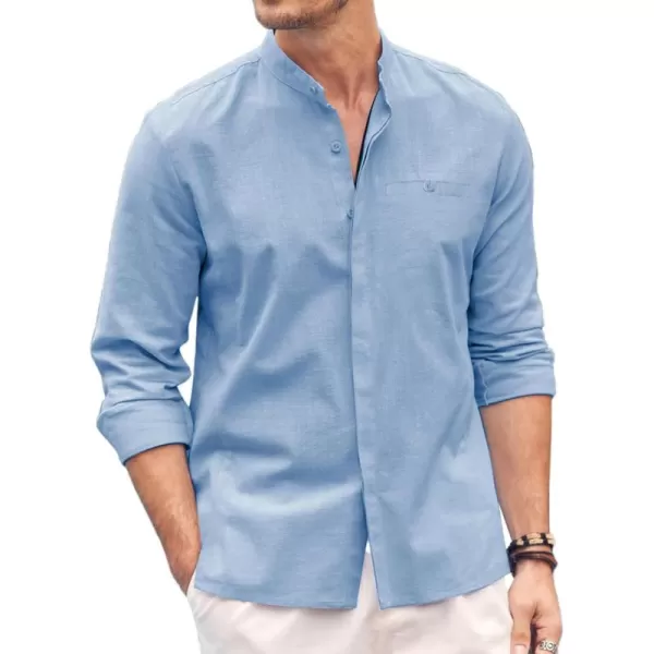 COOFANDY Men's Linen Shirts Long Sleeve Banded Collar Casual Button Down Shirts