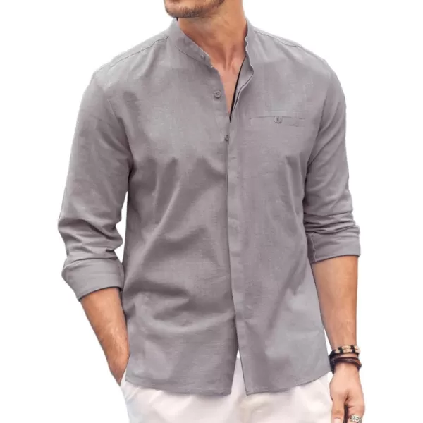 COOFANDY Men's Linen Shirts Long Sleeve Banded Collar Casual Button Down Shirts
