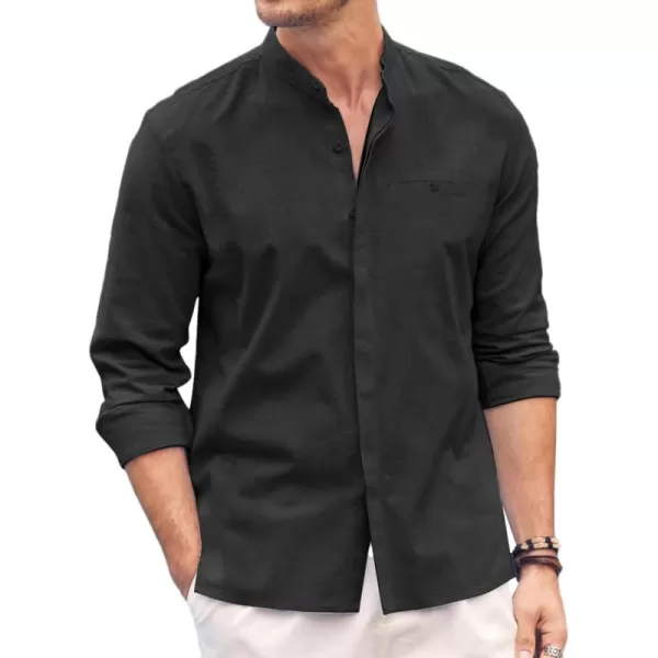 COOFANDY Men's Linen Shirts Long Sleeve Banded Collar Casual Button Down Shirts