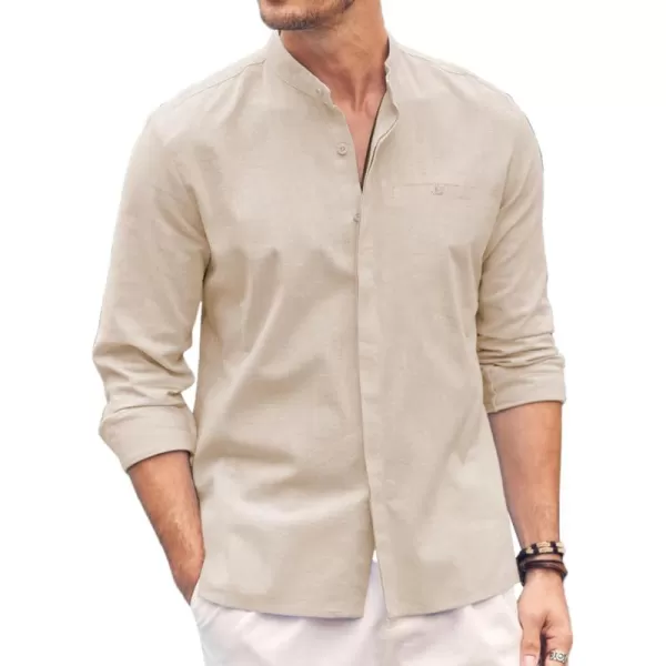 COOFANDY Men's Linen Shirts Long Sleeve Banded Collar Casual Button Down Shirts