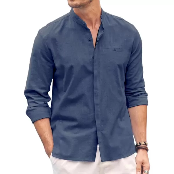 COOFANDY Men's Linen Shirts Long Sleeve Banded Collar Casual Button Down Shirts