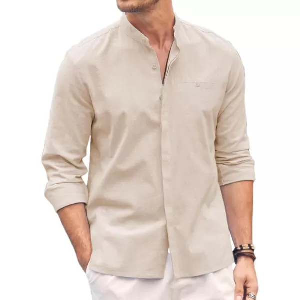 COOFANDY Men's Linen Shirts Long Sleeve Banded Collar Casual Button Down Shirts