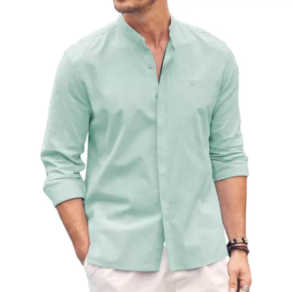 COOFANDY Men's Linen Shirts Long Sleeve Banded Collar Casual Button Down Shirts