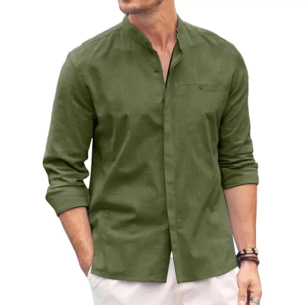 COOFANDY Men's Linen Shirts Long Sleeve Banded Collar Casual Button Down Shirts