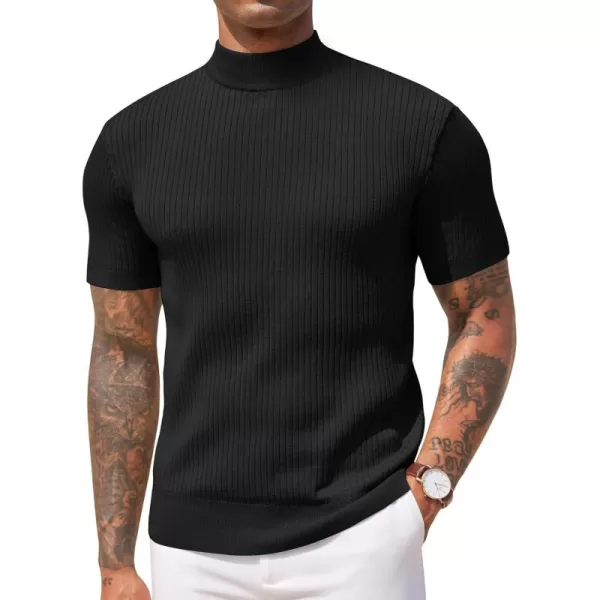 COOFANDY Men's Mock Turtleneck Sweater Short Sleeve Casual Basic Pullover Sweater Ribbed Knit Pullover Solid Tee