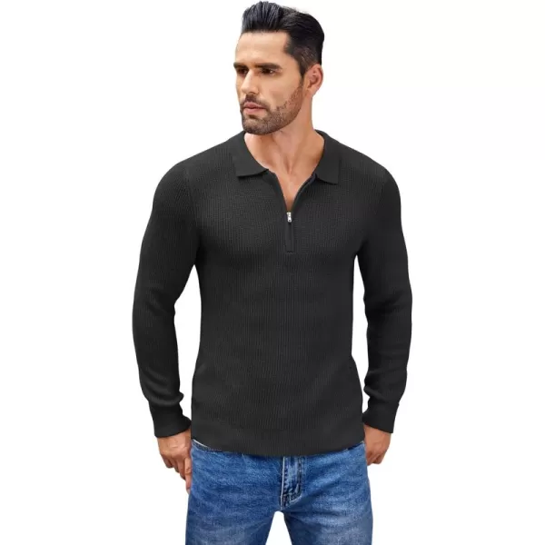 COOFANDY Men's Quarter Zip Polo Sweater Knit Pullover Long Sleeve Casual Dress Slim Fit Shirt