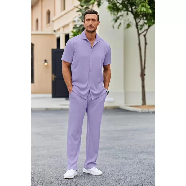 COOFANDY Men's 2 Piece Outfit Casual Short Sleeve Button Down Shirt Beach Summer Loose Pant Sets