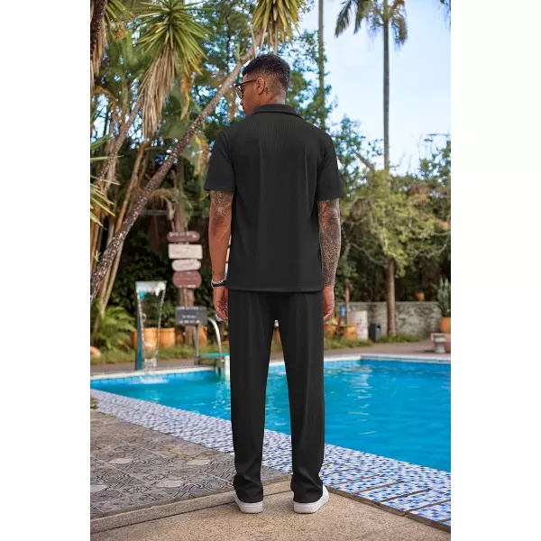 COOFANDY Men's 2 Piece Outfit Casual Short Sleeve Button Down Shirt Beach Summer Loose Pant Sets