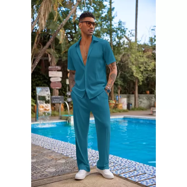 COOFANDY Men's 2 Piece Outfit Casual Short Sleeve Button Down Shirt Beach Summer Loose Pant Sets