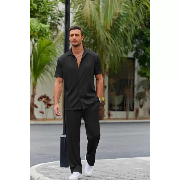 COOFANDY Men's 2 Piece Outfit Casual Short Sleeve Button Down Shirt Beach Summer Loose Pant Sets