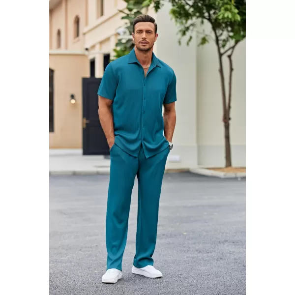 COOFANDY Men's 2 Piece Outfit Casual Short Sleeve Button Down Shirt Beach Summer Loose Pant Sets