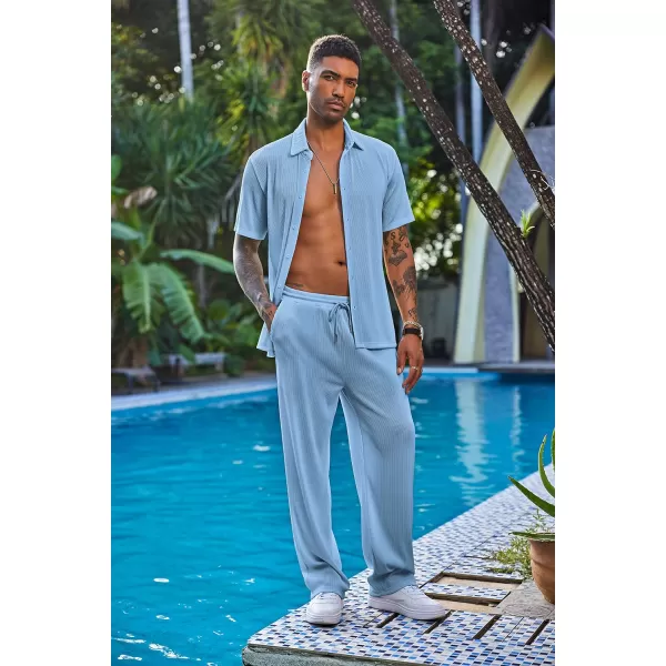 COOFANDY Men's 2 Piece Outfit Casual Short Sleeve Button Down Shirt Beach Summer Loose Pant Sets