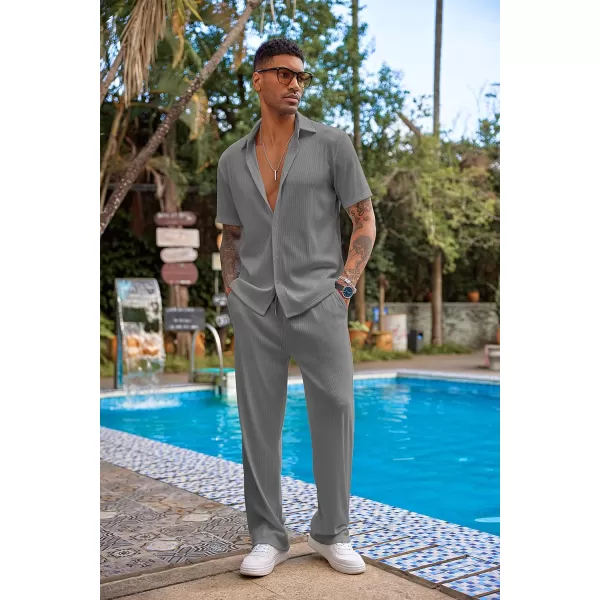 COOFANDY Men's 2 Piece Outfit Casual Short Sleeve Button Down Shirt Beach Summer Loose Pant Sets