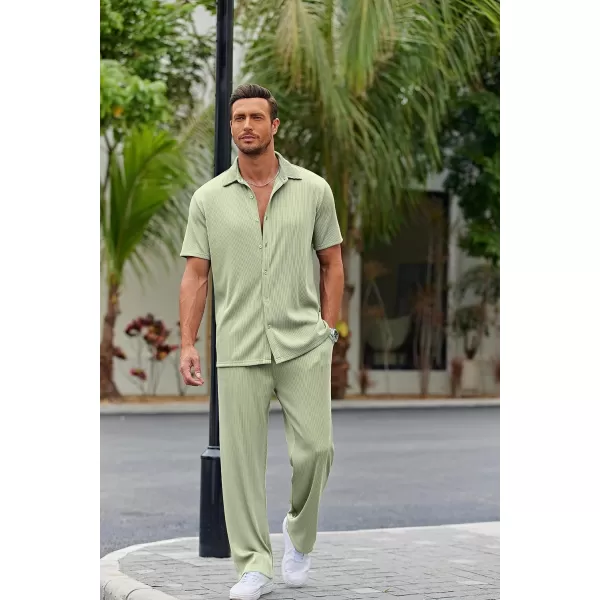 COOFANDY Men's 2 Piece Outfit Casual Short Sleeve Button Down Shirt Beach Summer Loose Pant Sets