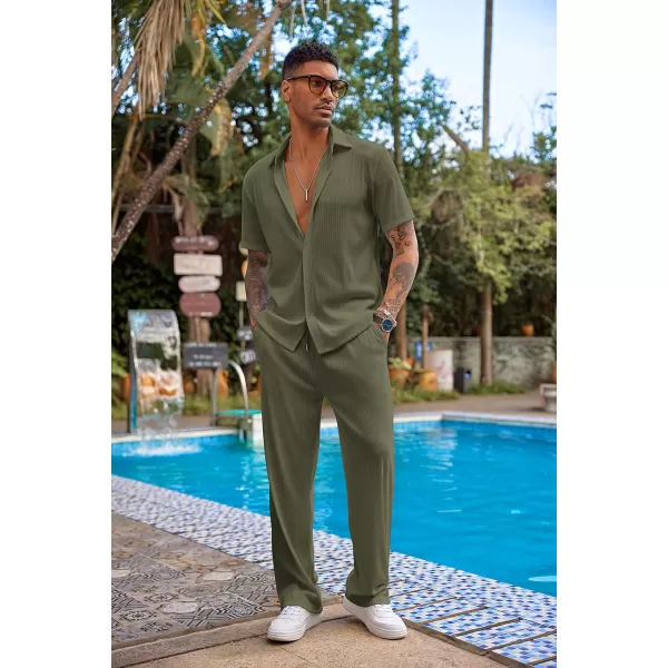 COOFANDY Men's 2 Piece Outfit Casual Short Sleeve Button Down Shirt Beach Summer Loose Pant Sets