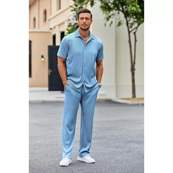 COOFANDY Men's 2 Piece Outfit Casual Short Sleeve Button Down Shirt Beach Summer Loose Pant Sets