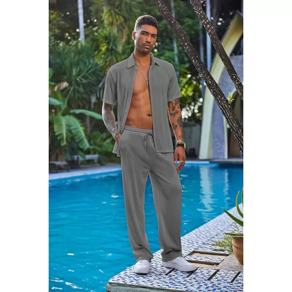 COOFANDY Men's 2 Piece Outfit Casual Short Sleeve Button Down Shirt Beach Summer Loose Pant Sets
