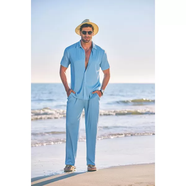 COOFANDY Men's 2 Piece Outfit Casual Short Sleeve Button Down Shirt Beach Summer Loose Pant Sets
