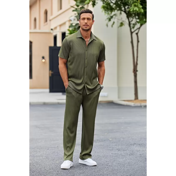 COOFANDY Men's 2 Piece Outfit Casual Short Sleeve Button Down Shirt Beach Summer Loose Pant Sets