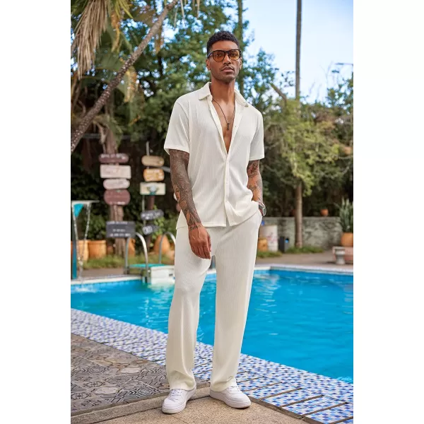 COOFANDY Men's 2 Piece Outfit Casual Short Sleeve Button Down Shirt Beach Summer Loose Pant Sets