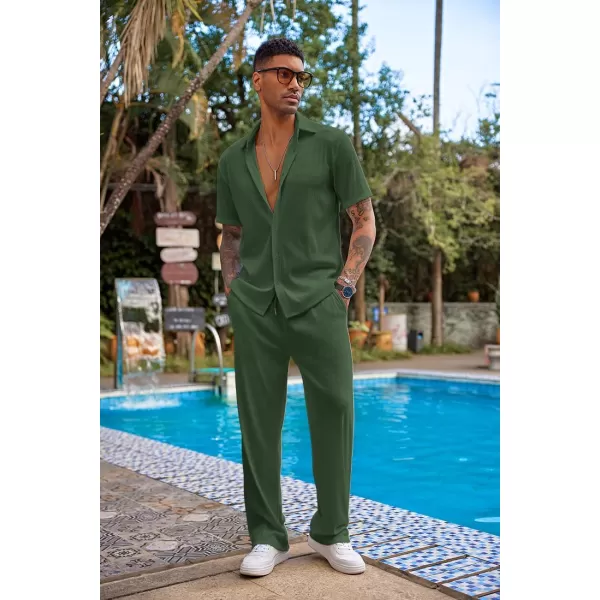 COOFANDY Men's 2 Piece Outfit Casual Short Sleeve Button Down Shirt Beach Summer Loose Pant Sets