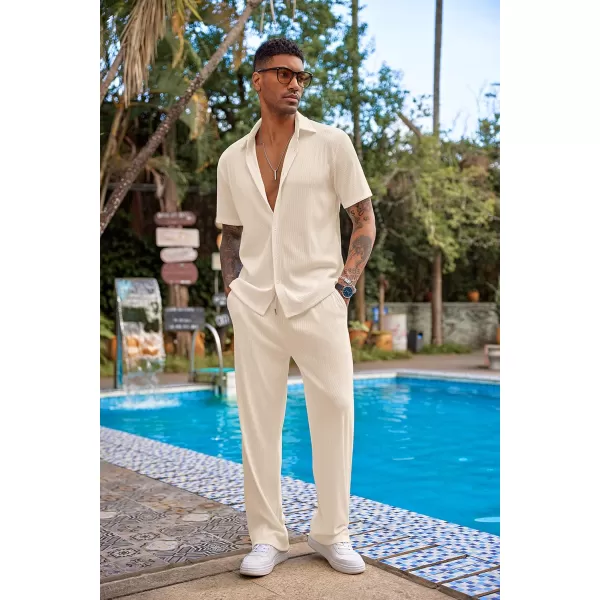 COOFANDY Men's 2 Piece Outfit Casual Short Sleeve Button Down Shirt Beach Summer Loose Pant Sets
