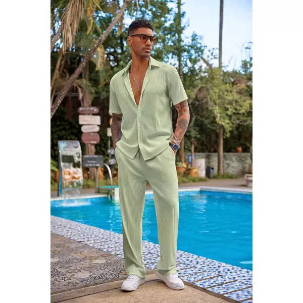 COOFANDY Men's 2 Piece Outfit Casual Short Sleeve Button Down Shirt Beach Summer Loose Pant Sets