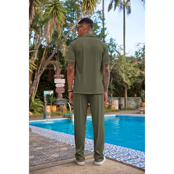 COOFANDY Men's 2 Piece Outfit Casual Short Sleeve Button Down Shirt Beach Summer Loose Pant Sets