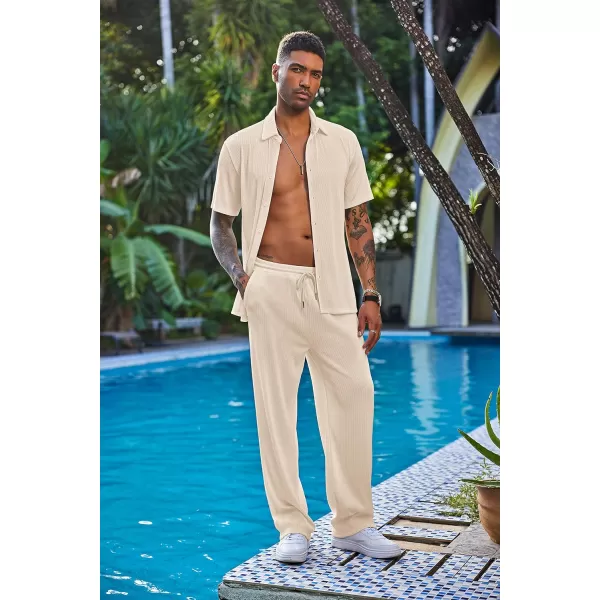 COOFANDY Men's 2 Piece Outfit Casual Short Sleeve Button Down Shirt Beach Summer Loose Pant Sets